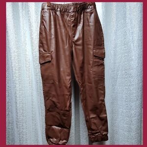 Mocha Faux Leather Cargo Pants by Almost Famous